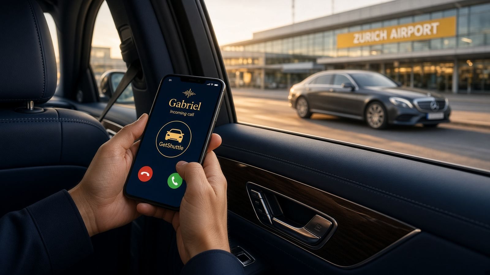 Passenger calling Gabriel, GetShuttle’s 24/7 AI assistant, from a Mercedes at Zurich Airport
